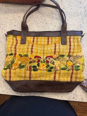 Yellow Embroidered Rooster Tote with Brown Trim